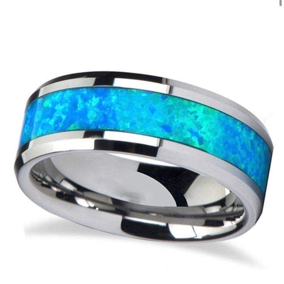 wedding band with blue green opal Inlay 8mm size 7